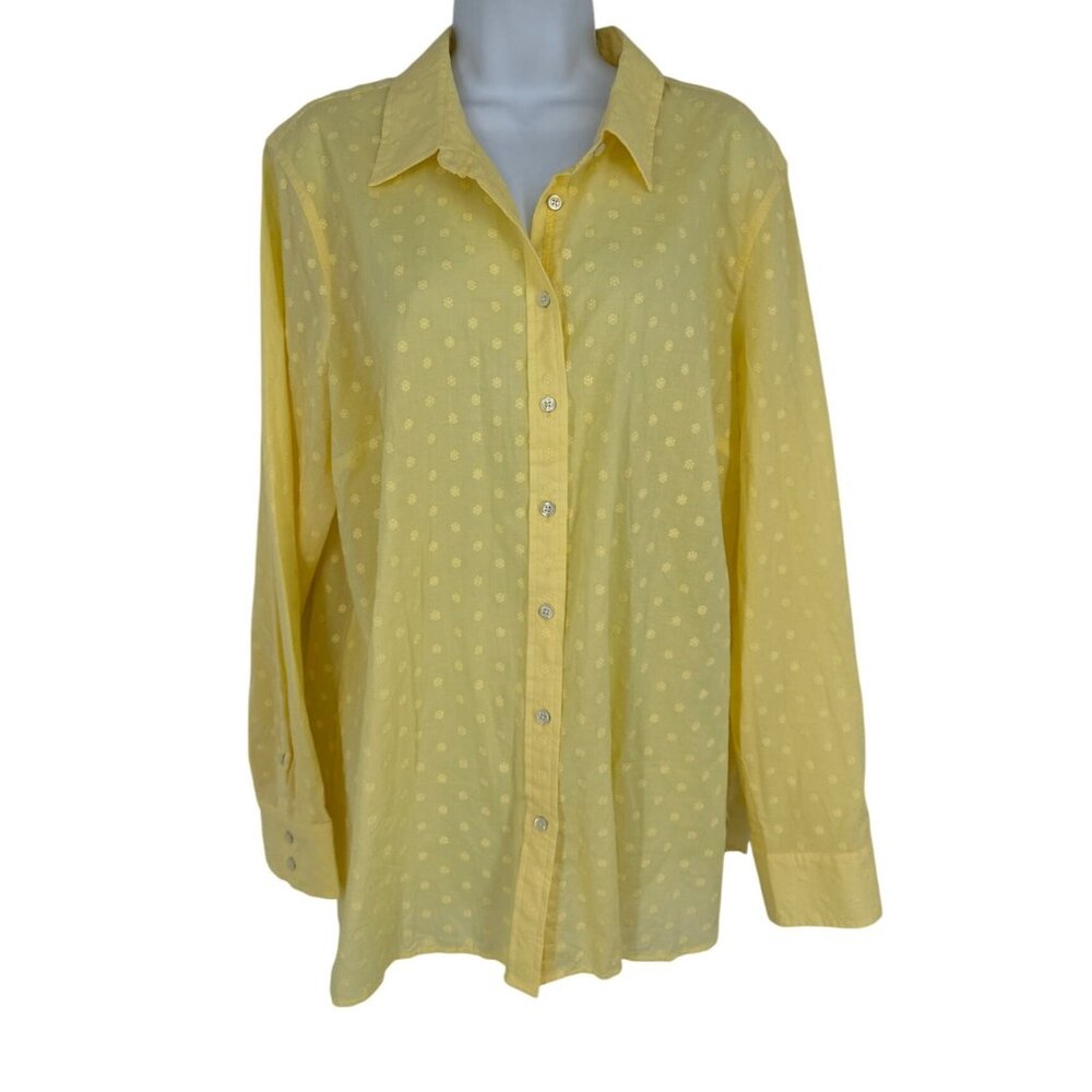 Talbots Yellow Button-Up Blouse Womens Long Sleeve Floral Embroidered Size XL